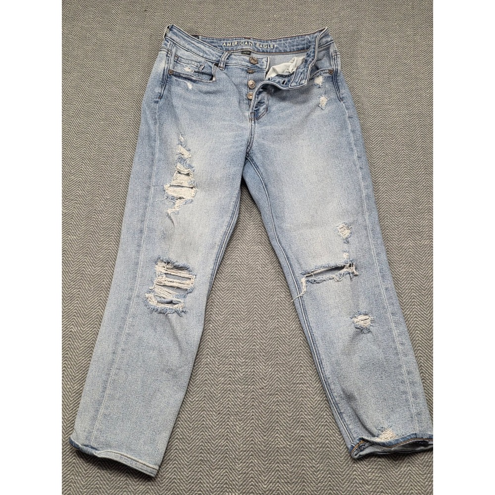American Eagle Mom Jeans Light Wash Distressed Button Fly Stretch Womens Size 4